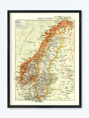 POSTER VINTAGE MAP SUÈDE NORVÈGE